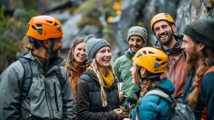 Fototapeta premium A cheerful group of climbers stands together at a beautiful rock climbing site, sharing laughter and stories while wearing safety gear on a clear day in nature.