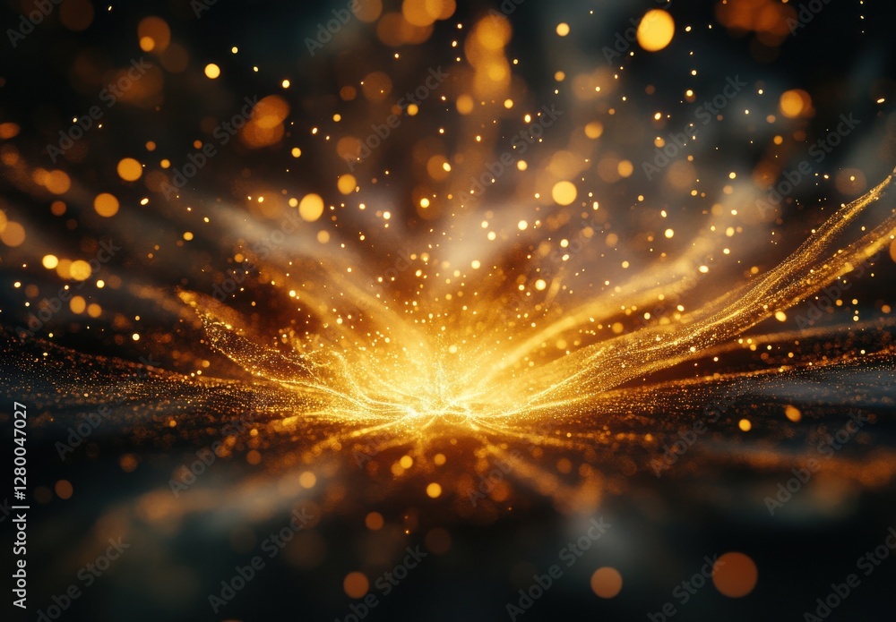 Poster vibrant abstract explosion of golden particles and light in dark background for creative visual desi