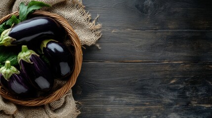 Fresh Eggplants in a Rustic Basket on a Wooden Table Surface