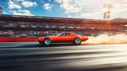 Obraz premium Drag racing car speeding past the grandstands. Featuring excitement and speed