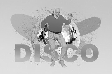 Surreal vintage trend collage of man pensioner dancing against huge glitter disco ball advertise...