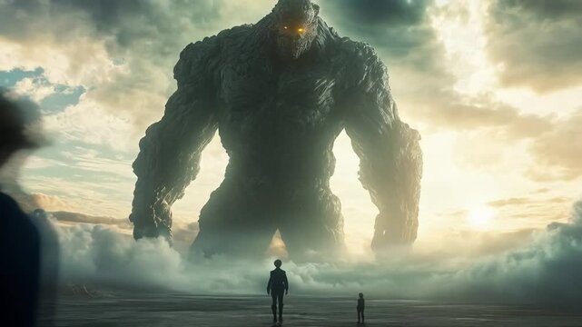 The giant monster emerged from the shadows, its terrifying roar echoing through the darkened forest.