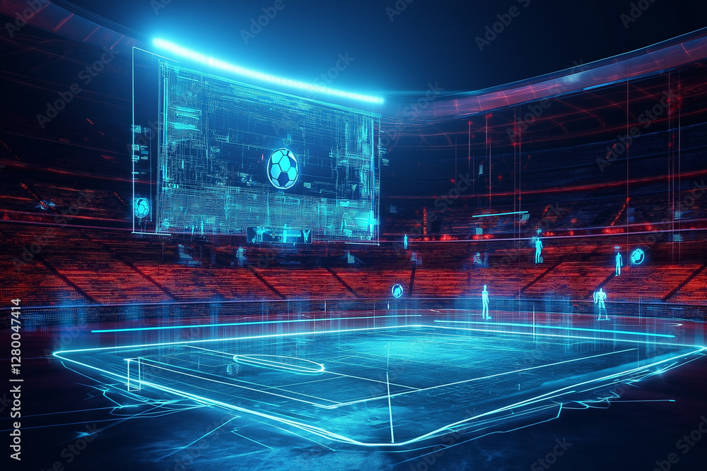 Poster concept of an e football stadium with virtual icons computer