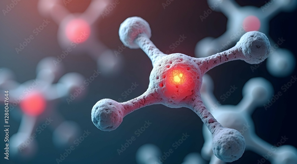 Poster intricate molecular dance: a glowing core pulses within a complex structure, surrounded by similar m