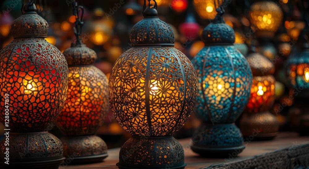 Poster vibrant and intricate lanterns illuminating a warm and enchanting atmosphere in an artistic display 