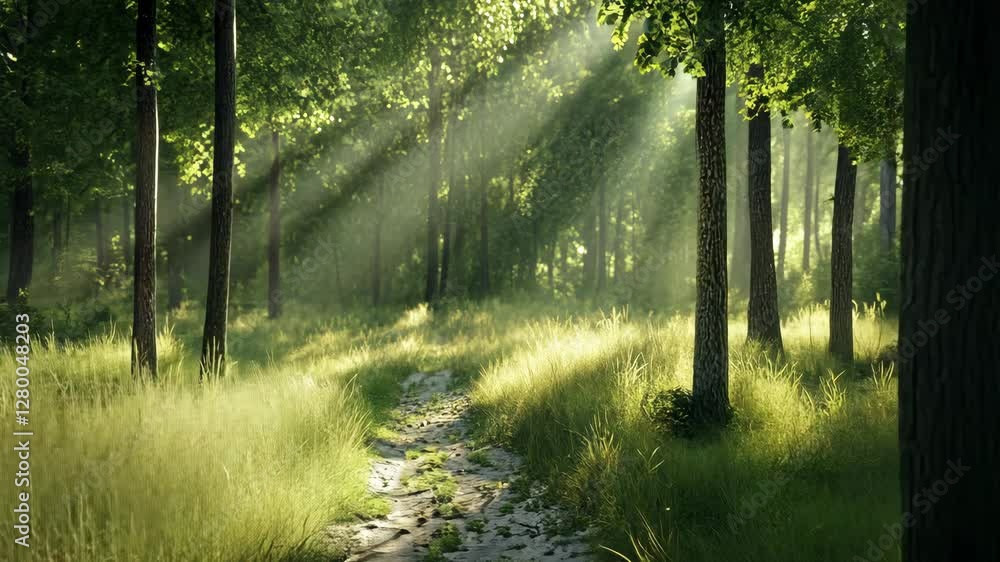 Poster sunlight filters through tall trees in a serene forest pathway during early morning hours