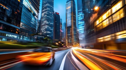 Drag racing car speeding through a city with towering skyscrapers. Featuring technology and energy