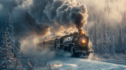Vintage steam locomotive travels through a snowy landscape, creating a dramatic display of steam and smoke in the air