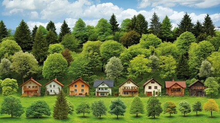 Fototapeta premium Enchanting Forest Hamlet Miniature Houses Nestled Amidst Lush Greenery and Forest Landscape Dreamy Whimsical Scenery