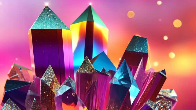 Iridescent Crystal Cluster With Pink And Orange Background