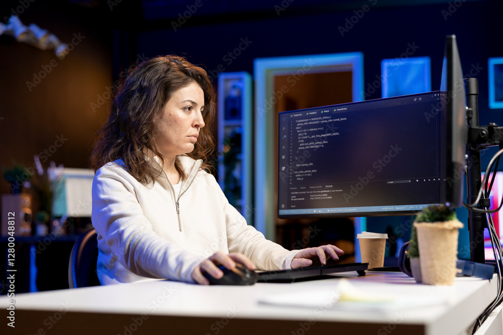Poster woman in living room working from home implementing security measures to protect company systems and