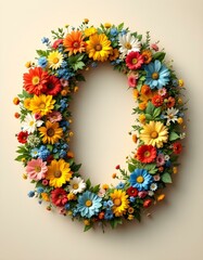 letter, O, floral, flowers, vibrant, colorful, artistic, elegant, design, organic, natural, red, yellow, pink, blue, white, blooms, green, leaves, accents, beige, background, soft, texture, warm,