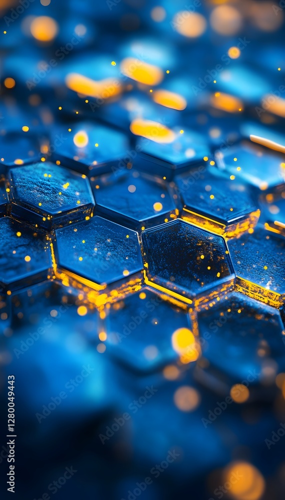 Poster illuminated hexagonal pattern displays orange and blue colors in focus
