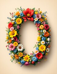 letter, O, floral, flowers, vibrant, colorful, artistic, elegant, design, organic, natural, red, yellow, pink, blue, white, blooms, green, leaves, accents, beige, background, soft, texture, warm,