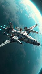 Naklejka premium A dynamic 3D-rendered illustration of a futuristic space station orbiting a distant planet, with spacecraft docking and astronauts working outside. 