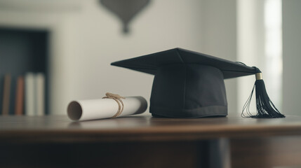 Graduation cap and diploma symbolize academic achievement and future aspirations.