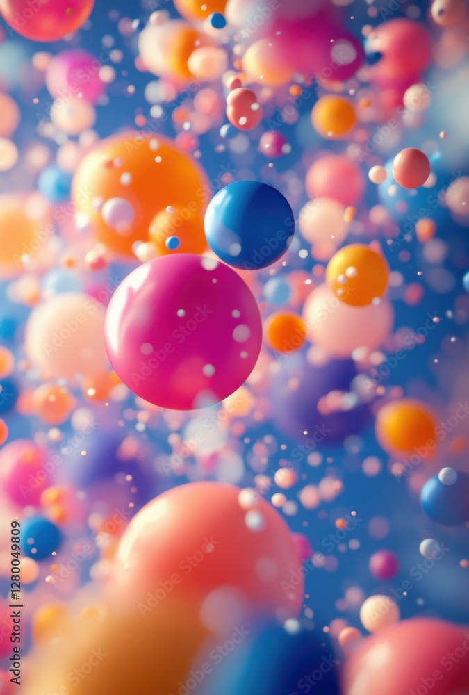 Poster Vibrant Colorful Spheres Floating in a Dreamy Atmosphere with a Depth of Field Effect and a Soft Bokeh Background