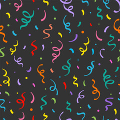 Birthday confetti seamless pattern background. Birthday decoration confetti, ribbon element, cute seamless pattern. Fun carnival color abstract decoration element background. Vector illustration.