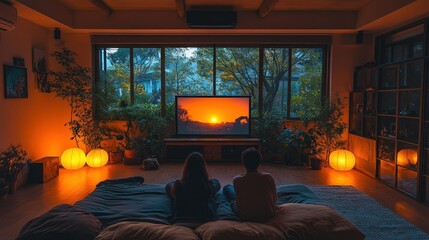 Couple relaxing on comfy bed, watching sunset on large TV in dimly lit home theater.