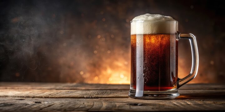 A frothy root beer mug sits on a wooden table