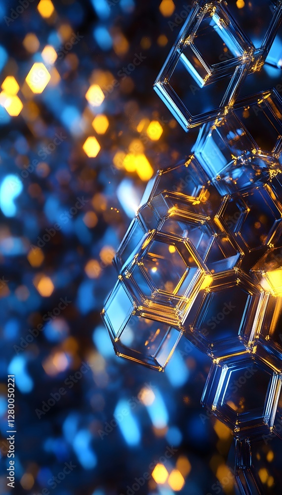 Poster abstract hexagon structure in blue and gold bokeh background
