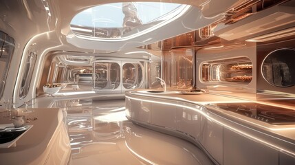 Obraz premium Futuristic kitchen interior design with curved walls, skylight, and modern appliances.