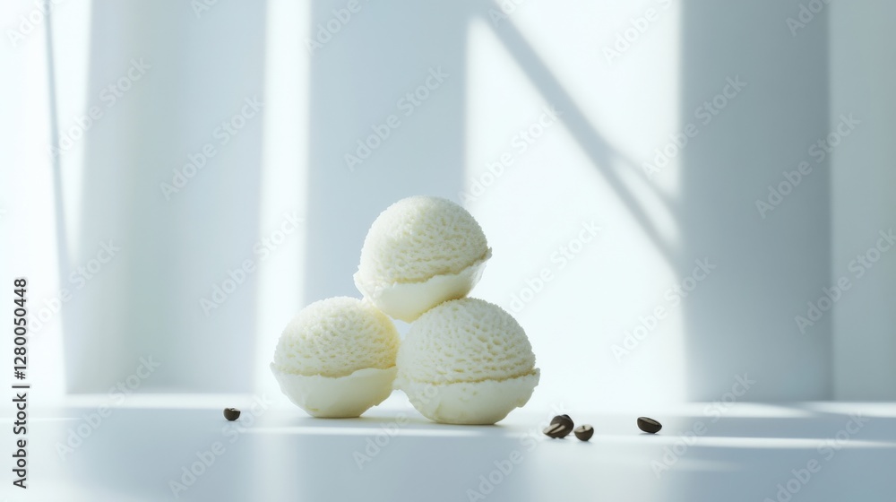 Poster three scoops of ice cream arranged artistically on a table with soft shadows and light