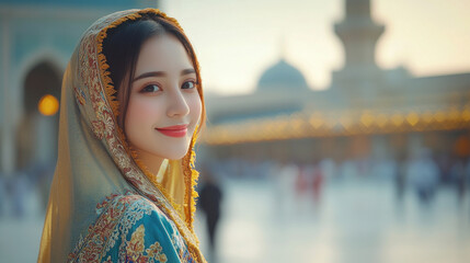 Obraz premium Chinese woman wearing traditional abaya at muslim place of worship mosque at city