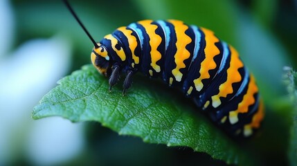 Naklejka premium Vibrant pipevine swallowtail caterpillar on a green leaf.