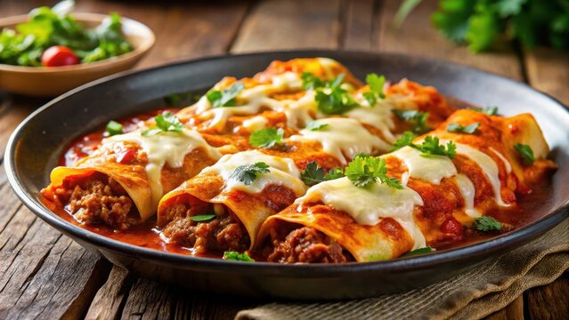 A steaming plate of enchiladas filled with tender beef and smothered in a rich red sauce, topped with a generous sprinkle of melted cheese and fresh cilantro, red sauce, homemade enchiladas