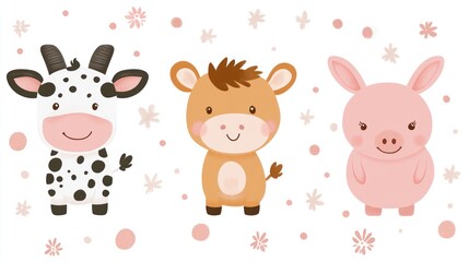 Obraz premium Cute cartoon cow, calf, and pig illustrations.