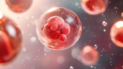 Close-up view of vibrant red cells floating in a fluid medium, showcasing cellular structures and movement