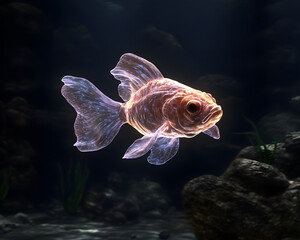 Fototapeta premium futuristic, translucent fish swimming gracefully in dark underwater scene