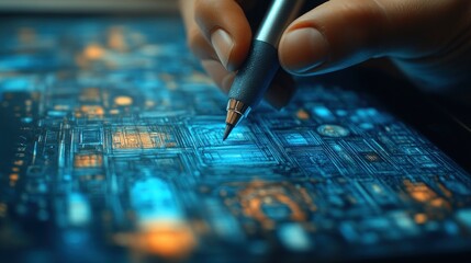 Naklejka premium Close-up of hand using stylus on tablet to design intricate circuit board.