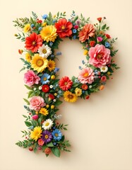 letter, P, floral, flowers, vibrant, colorful, artistic, elegant, design, organic, natural, red, yellow, pink, blue, white, blooms, green, leaves, accents, beige, background, soft, texture, warm, 