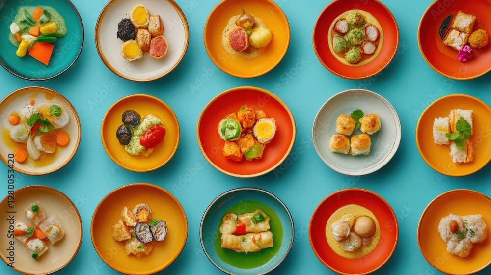 Poster colorful array of assorted sushi and dim sum dishes beautifully arranged on vibrant plates