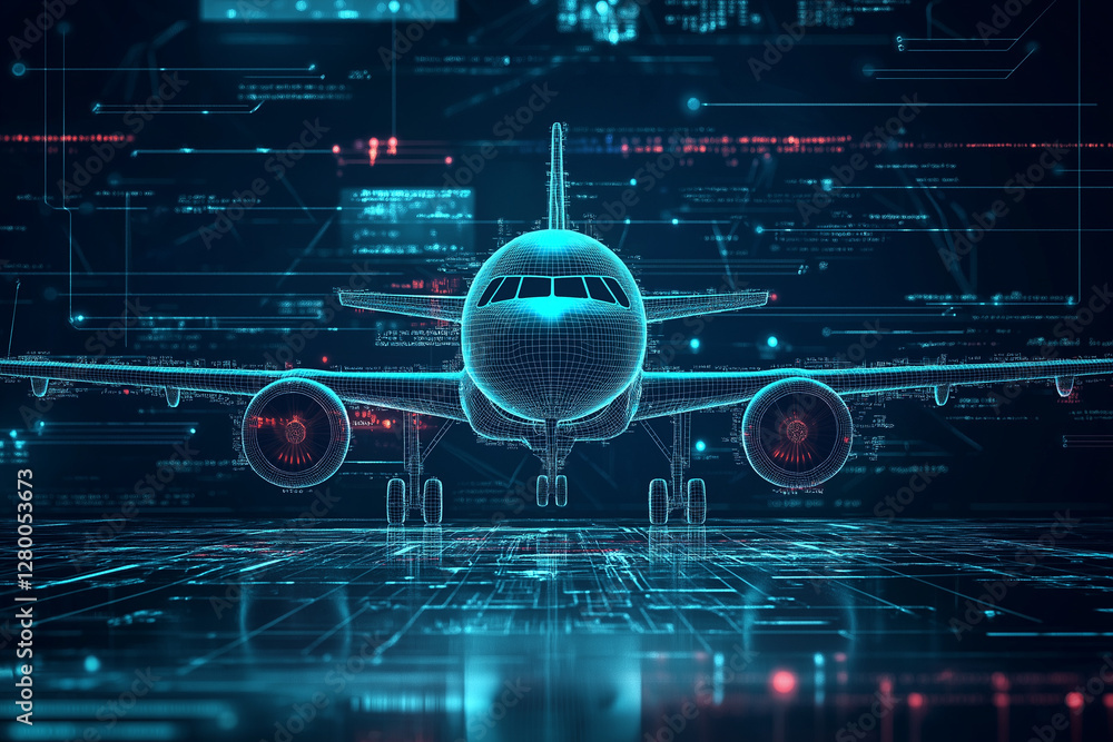 Poster concept of an e airplane with virtual icons computer