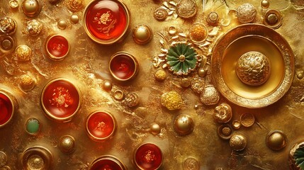 Gold textured background; red, gold ornaments; artistic composition; luxury design