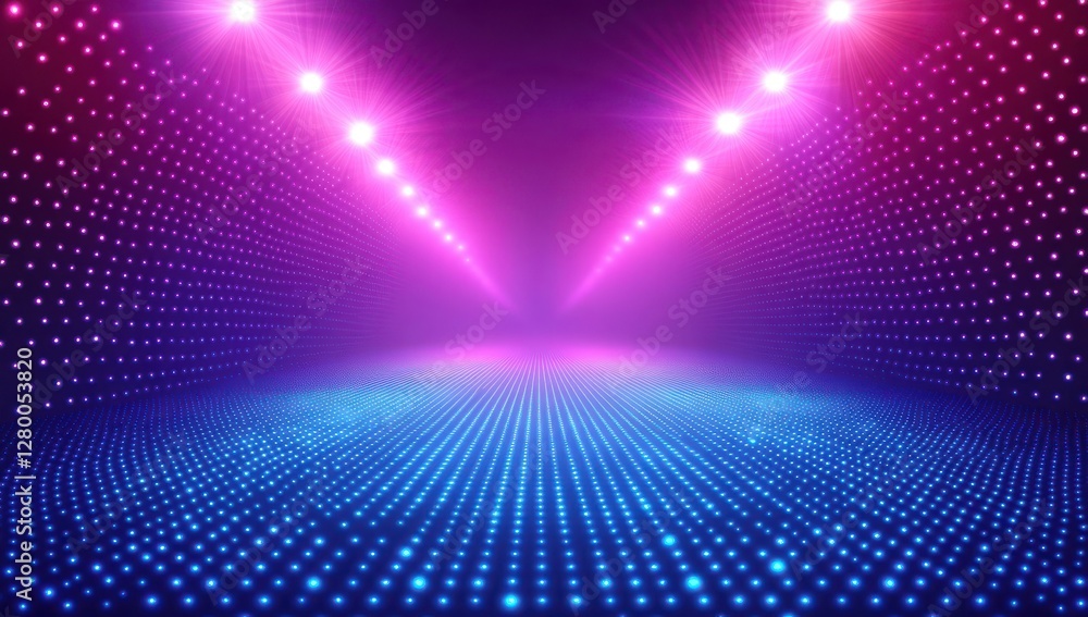 Poster vibrant neon light show with colorful spotlights and dots creating a futuristic background for event