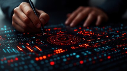 Naklejka premium Person designing futuristic interface with stylus on glowing digital tablet.