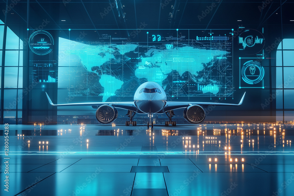Aufkleber concept of an e airplane with virtual icons computer