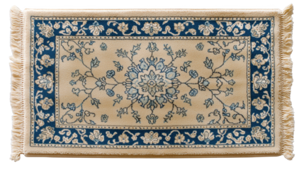 Intricate floral design adorns a blue and beige rug, adding touch of classic charm