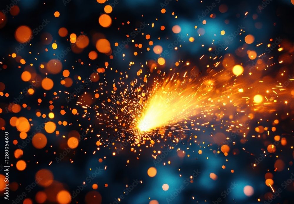 Poster vibrant sparkling particles emanating bright light with bokeh effect against a deep blue background 