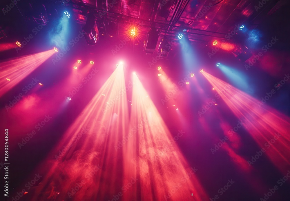 Poster vibrant stage lights with colorful rays in a concert setting creating an energetic atmosphere for li