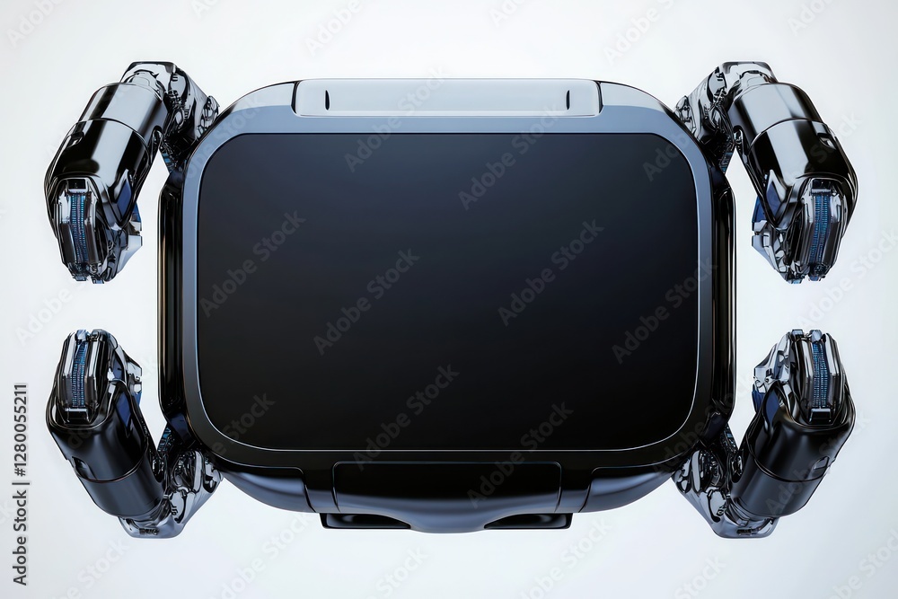 Poster sleek robotic elements center a minimalist black frame on a polished matte background.