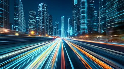 Obraz premium Drag racing car speeding through a futuristic cityscape at night. Featuring cutting-edge technology and speed