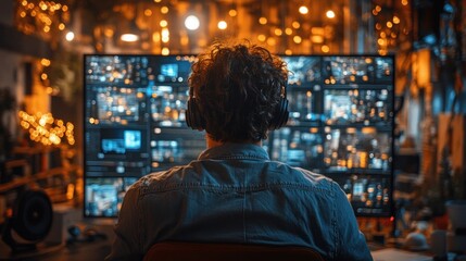 Man with headphones monitoring numerous screens in a dark room.