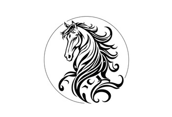 Tribal Horse Head Design Black and White Vector Illustration Circular Frame
