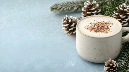 Winter spiced latte, pine cones, blue background. Holiday drink, festive food photography