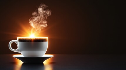 Steaming cup of coffee with sunburst effect.